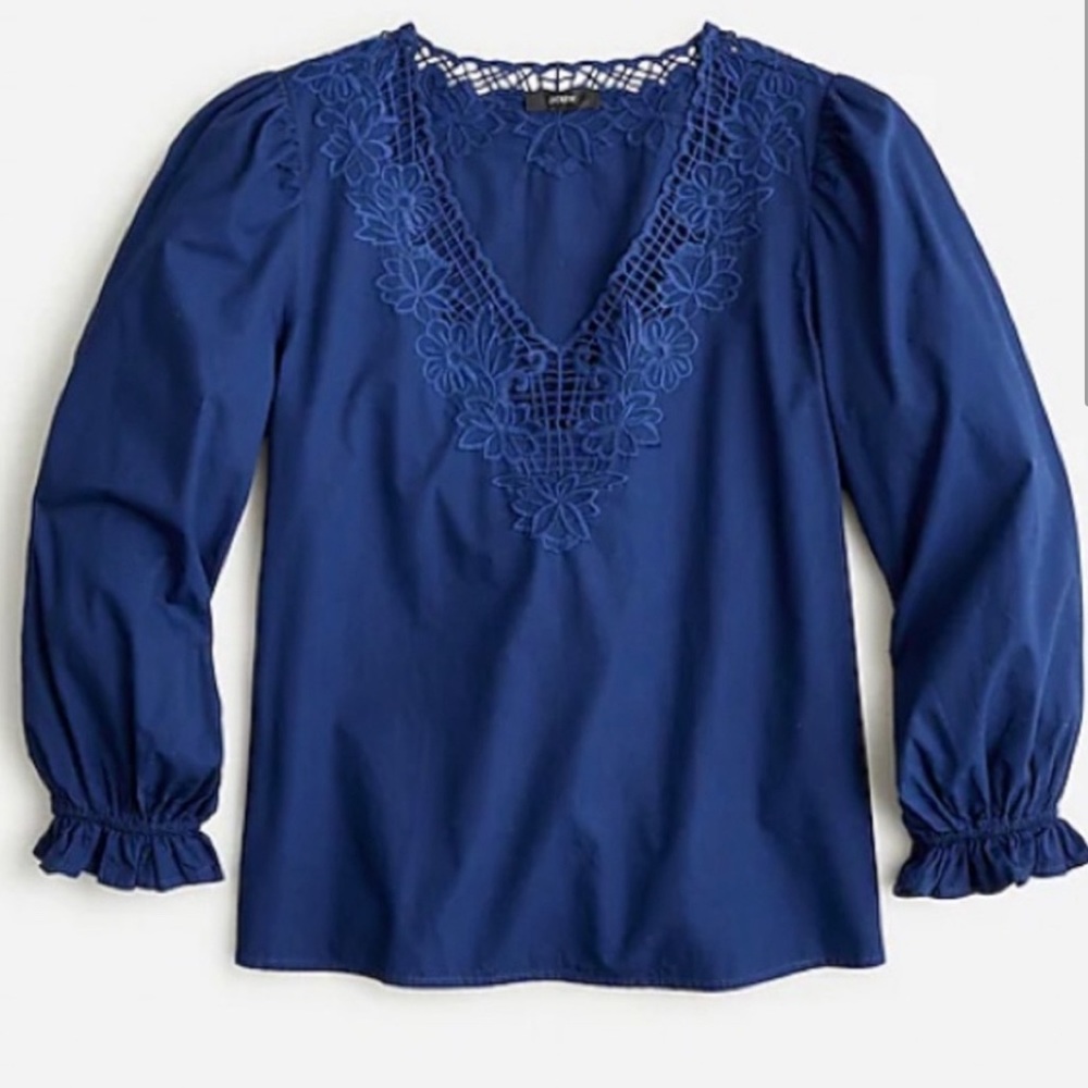 J. CREW V Neck Cotton Long Sleeve Blouse with Embroidered trim. size M EUC